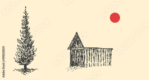 Minimalist hand drawn landscape with cypress tree, rustic wooden hut and red sun. Vintage sketch vector illustration.