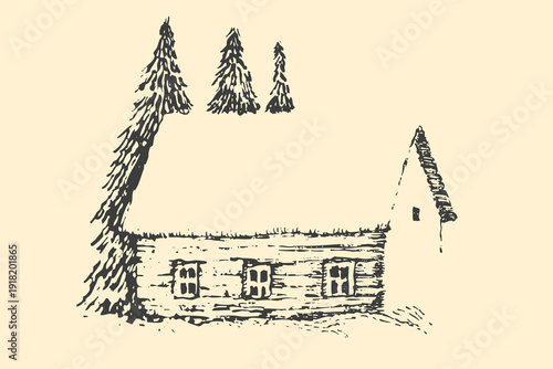 Minimalist hand drawn forest pine trees and alone rustic wooden hut or cottage. Vintage sketch vector illustration.