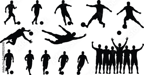 Set of American Football Player Silhouettes Featuring Athletes Running Passing Catching and Tackling for Sports Team and Competition Graphics