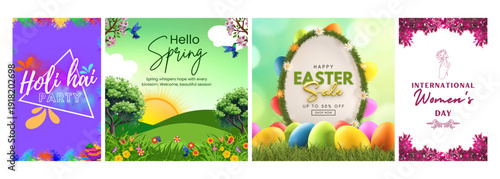 Colorful Holi Hai Party invitation, Hello Spring greeting, Happy Easter Sale banner, and International Women's Day poster collection.