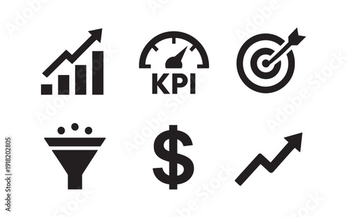 Set of business and finance icons representing growth, KPIs, goals, and sales funnel