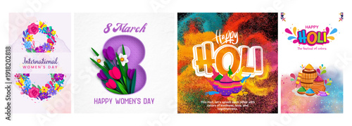 Four distinct vertical banners celebrating International Women's Day and the vibrant festival of Holi with colorful designs.