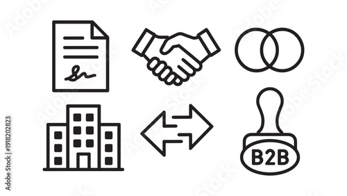 Business to business icons set: contract, handshake, company, exchange, B2B stamp