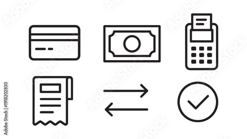 Financial transaction icons: credit card, cash, receipt, POS terminal, and confirmation
