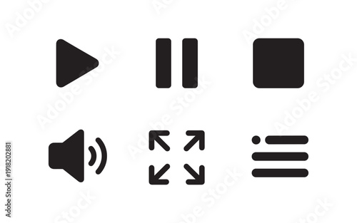 Collection of modern minimalist icons for media playback and user interface controls