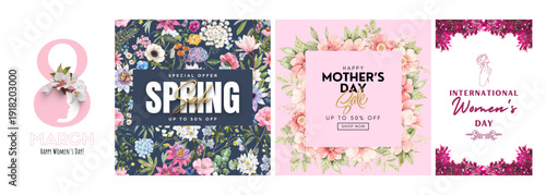 International Women's Day and Spring Sale banners featuring floral designs, celebrating women and seasonal offers.
