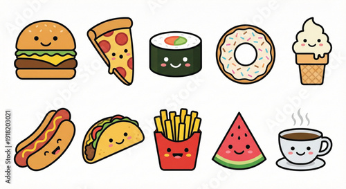 Cute Food Icons Set - Burger Pizza Sushi Donut Ice Cream Hotdog Taco Fries Coffee Vector
