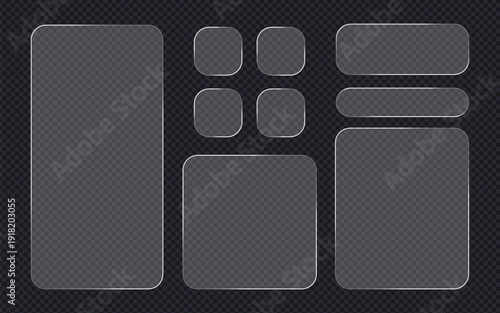 Glassmorphism transparent button and card UI set. Glossy glass plates with frosted effect for modern mobile app and website design. Vector Illustration.