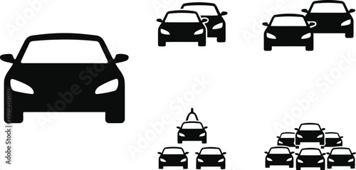 Multiple cars in various formations and a traffic congestion scene depicted in simple graphics from a straightforward viewpoint