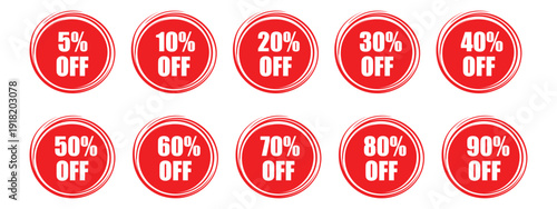 Red circle discount sticker icon set. Round sale labels for retail promotion, e-commerce marketing, and seasonal clearance. Vector Illustration.