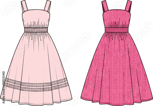 Technical fashion sketch showcasing sleeveless flared midi dress designs in light pink and hot pink with lace trim details for apparel templates