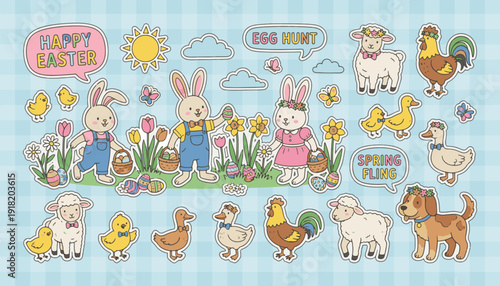 Modern Happy Easter horizontal banner with playful typography, hand drawn eggs, spring florals and bunny illustration for website headers, social media covers, greeting cards, and seasonal promotions