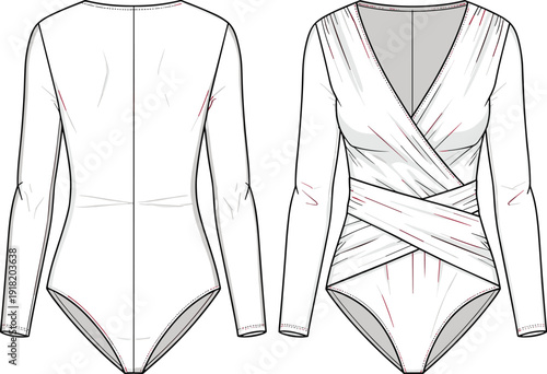Technical fashion sketch showing a white long sleeve wrap bodysuit with surplice neckline and draped crisscross front detail for apparel design templates