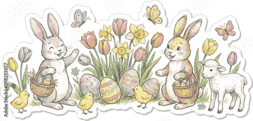 Trendy Easter celebration wide poster template featuring cute rabbit, decorative egg patterns and fresh spring flowers for marketing campaigns, online shops, and festive branding