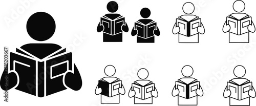 Collection of simple illustrations depicting various people reading books from different viewpoints and styles