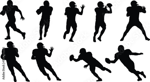 Set of American Football Player Silhouettes Featuring Athletes Running Passing Catching and Tackling for Sports Team and Competition Graphics