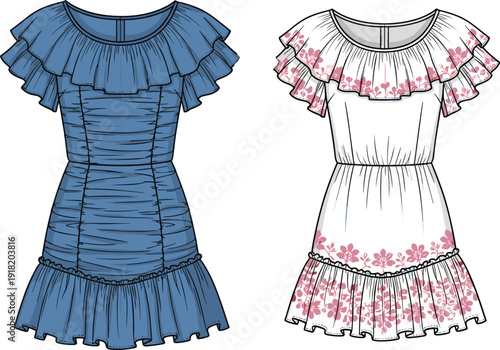 Technical fashion sketch showing ruffled mini dress designs in blue denim and white floral prints featuring tiered collar and flounced hem for apparel
