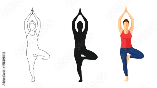 Set of three illustrations of a woman practicing vrksasana or tree pose in yoga, including outline, silhouette and full color versions