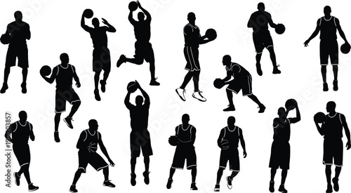 Set of Basketball Player Silhouettes Featuring Men Dribbling Shooting Jumping and Defending for Sports Fitness and Team Competition Graphics