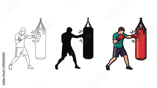 Boxer punching heavy bag line art, silhouette and full color illustration set