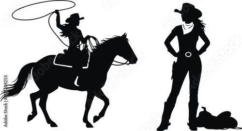 Set of Cowgirl Silhouettes Featuring a Woman Riding a Horse with Lasso and a Standing Female Scout for Western Designs