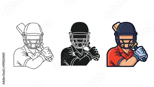 Cricket batsman player holding bat in different styles outline, silhouette and color illustration