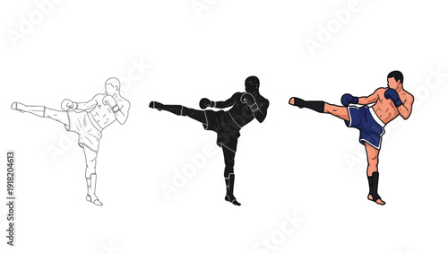 Set of three muay thai fighter side kick illustrations outline, silhouette and full color sketch style