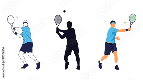 Collection of tennis players in action poses, including silhouette and line art styles