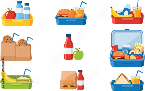 Healthy school lunch box set with sandwich burger fruit juice water and snacks in flat vector illustration style.