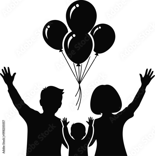 Family of three silhouetted against a bright background releasing black balloons into the air with joyful hands raised in celebration