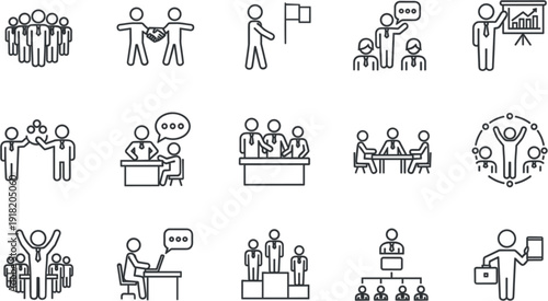 Business teamwork and leadership icon set with office meeting presentation management and corporate partnership symbols in vector style.