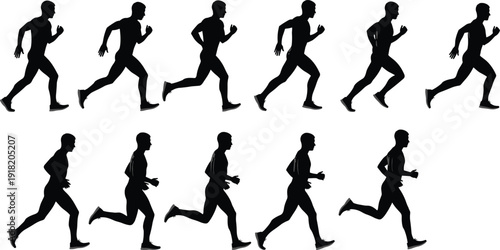 Set of Mens Running Silhouettes Featuring Male Athletes Sprinting and Jogging for Fitness Sports Marathon and Active Lifestyle Graphics