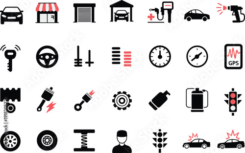 Car icons, automotive tools, vehicle repair, garage, mechanic, crash, engine, tire, speedometer