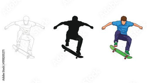 Skateboarder performing a trick, illustration of the process from sketch to full color vector graphic
