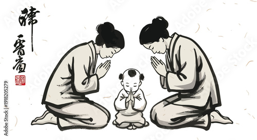 Two monks kneeling beside a young novice in a serene monastery setting from a front viewpoint