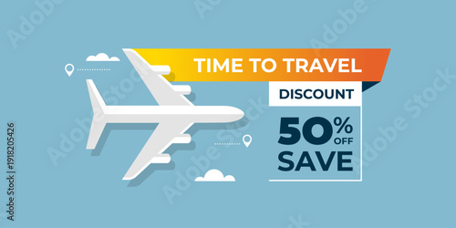 Time to travel discount banner with airplane and 50 percent off travel sale offer. Modern flat vector illustration for tourism promotion, airline advertising, and vacation marketing design.