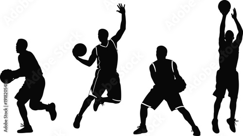 Set of Professional Basketball Player Silhouettes Featuring Men Shooting Layups Jumping and Dribbling Near a Hoop for Sports Graphics