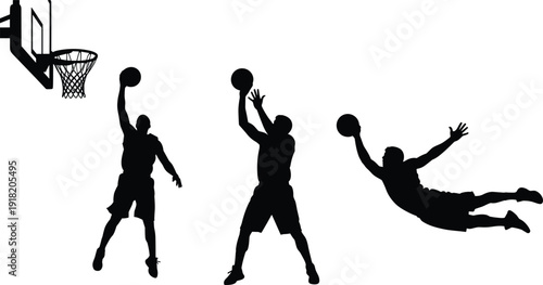 Set of Professional Basketball Player Silhouettes Featuring Men Shooting Layups Jumping and Diving for the Ball Near a Hoop