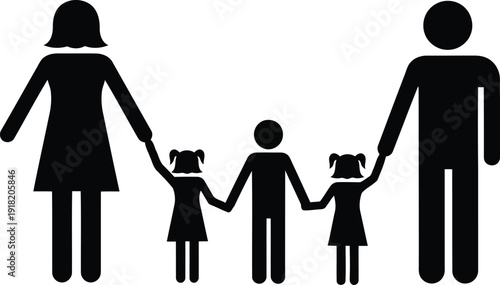 A family of four holding hands together in a happy moment