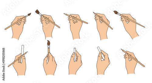 Hands holding various art tools paintbrush pencil crayon vector illustration