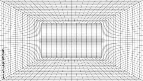 Abstract wireframe tunnel or corridor perspective view with grid lines and dots, creating an illusion of depth and infinite space, black and white line art