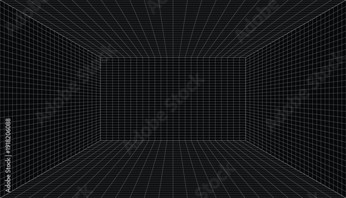 Abstract digital tunnel of white glowing grid lines receding into the distance on a black background, representing cyberspace, data flow, or virtual reality space