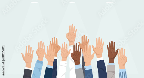 Diverse hands raised in unity vector illustration for concepts of voting