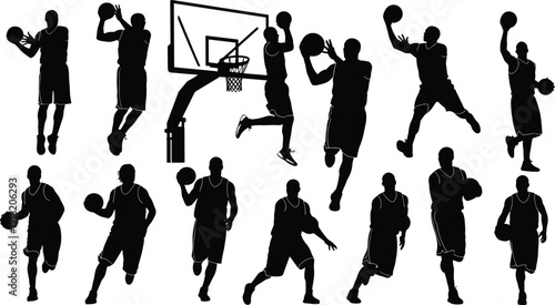 Set of Professional Basketball Player Silhouettes Featuring Men Shooting Layups Jumping and Dribbling Near a Hoop for Sports Graphics