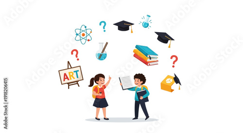 Students and educational icons illustrating learning and academic concepts