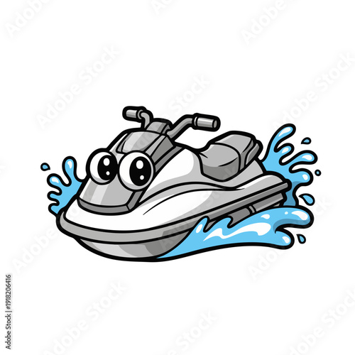 Cute Cartoon Jet Ski Character Riding Waves Fun Water Sport Illustration.