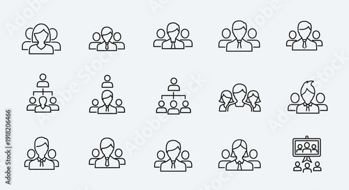 Set of minimalist line art icons depicting diverse business teams and groups