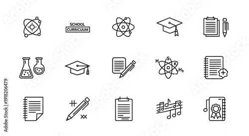 Educational icons representing science learning and curriculum in outline style