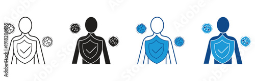  Human Body Immunity icon set.  Health bacteria virus protection. Medical prevention human germ. Healthy man reflect bacteria attack with shield.  Vector illustration.