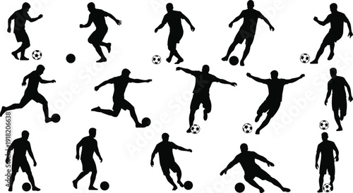 Set of Soccer Player Silhouettes Featuring Men Dribbling Kicking Passing and Defending for Team Sports Fitness and Competition Graphics